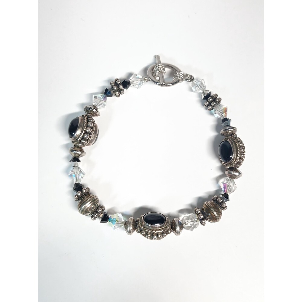 Sterling Silver Black Onyx & Blue Crystal Toggle Bracelet 7 3/8"